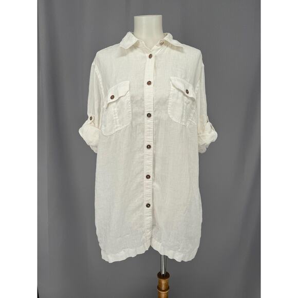 Lauren Ralph Lauren Shirt Womens 1X Linen Button Roll Tab Sleeve Nautical Beach - Picture 1 of 15